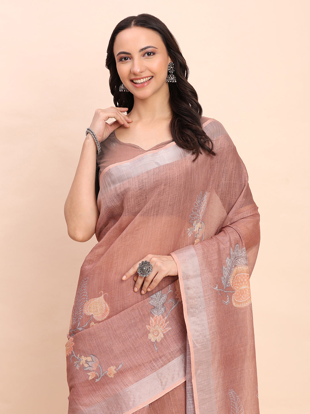 Premium Printed Cotton Linen Saree with Ethnic Designer Pallu & Border-Brown