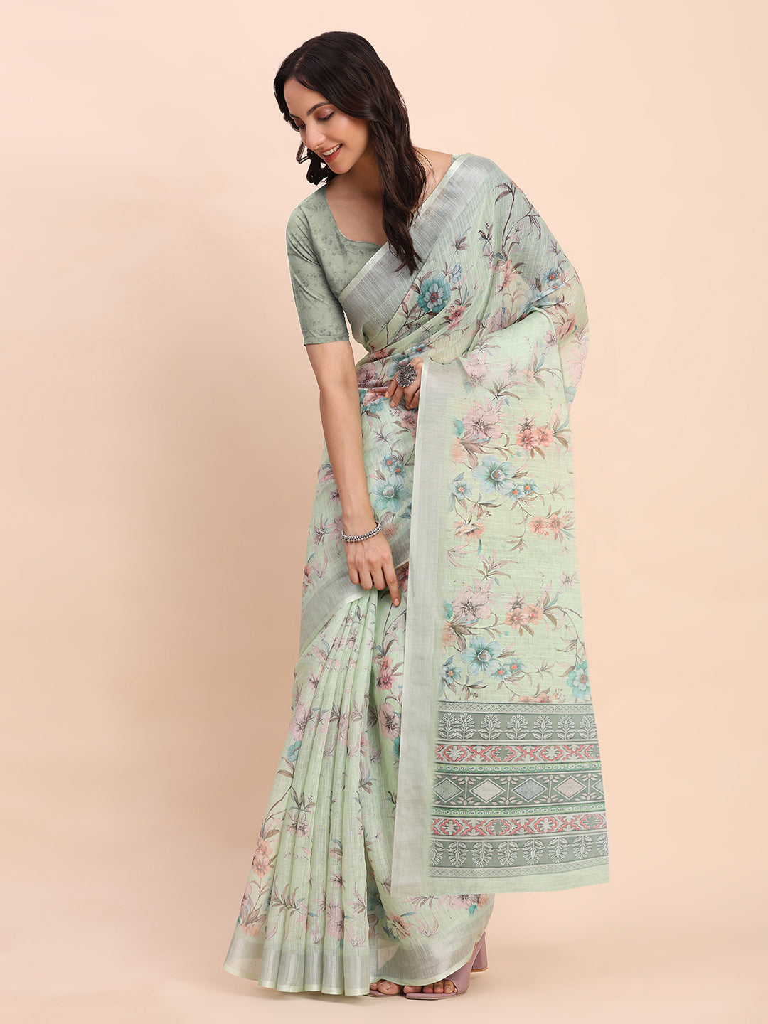 Premium Printed Cotton Linen Saree with Ethnic Designer Pallu & Border-Light Green