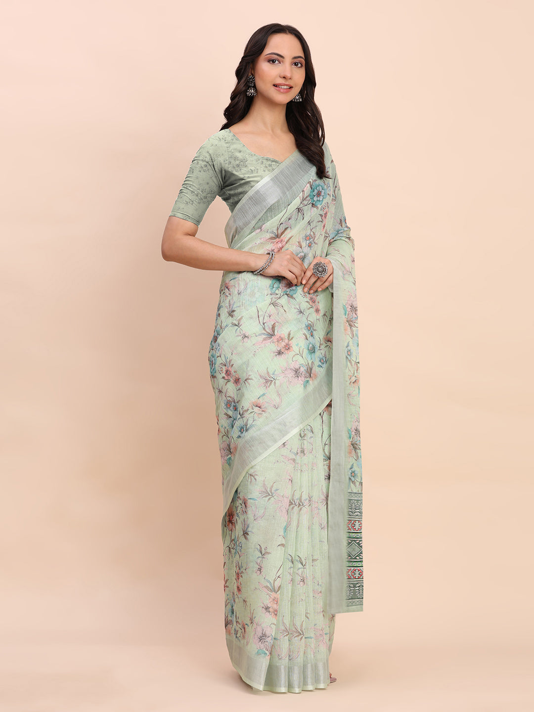 Premium Printed Cotton Linen Saree with Ethnic Designer Pallu & Border-Light Green