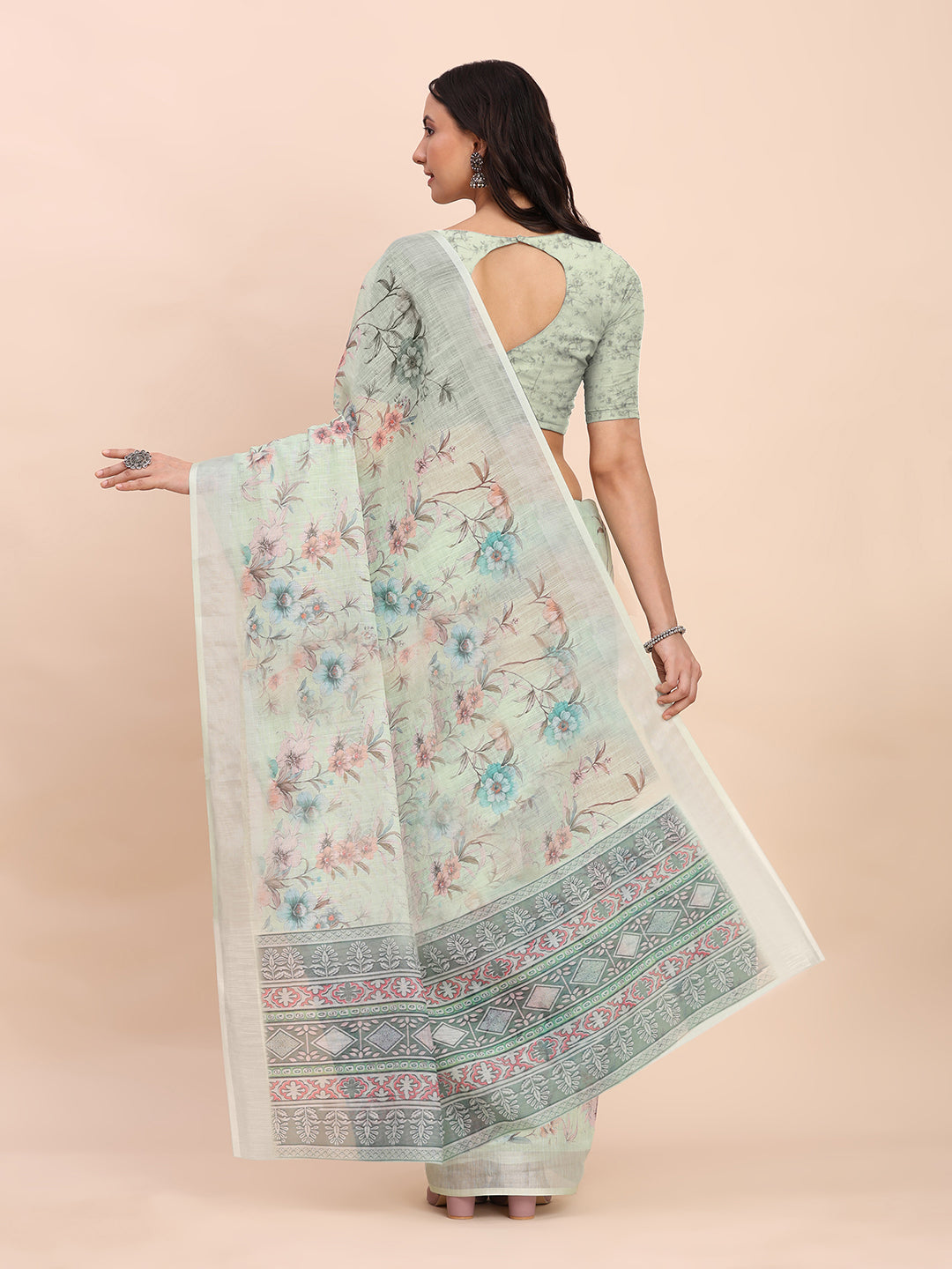 Premium Printed Cotton Linen Saree with Ethnic Designer Pallu & Border-Light Green