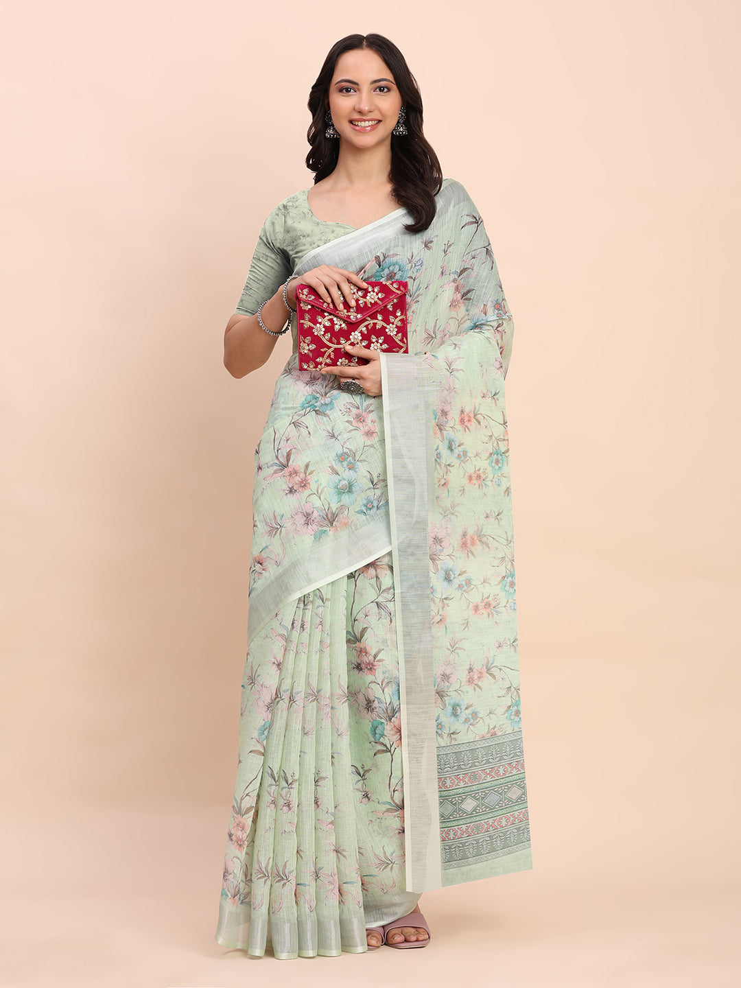 Premium Printed Cotton Linen Saree with Ethnic Designer Pallu & Border-Light Green