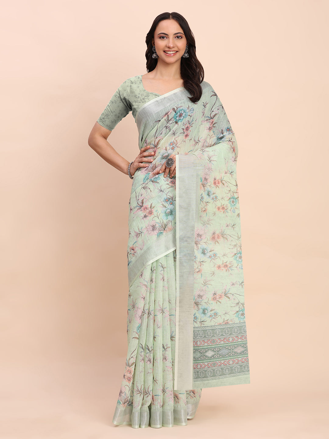 Premium Printed Cotton Linen Saree with Ethnic Designer Pallu & Border-Light Green