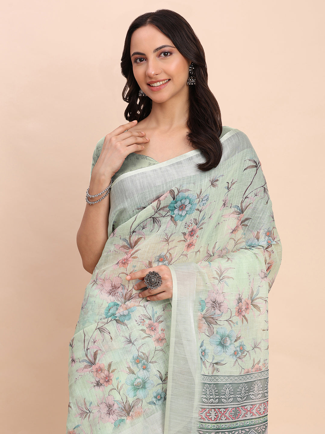 Premium Printed Cotton Linen Saree with Ethnic Designer Pallu & Border-Light Green