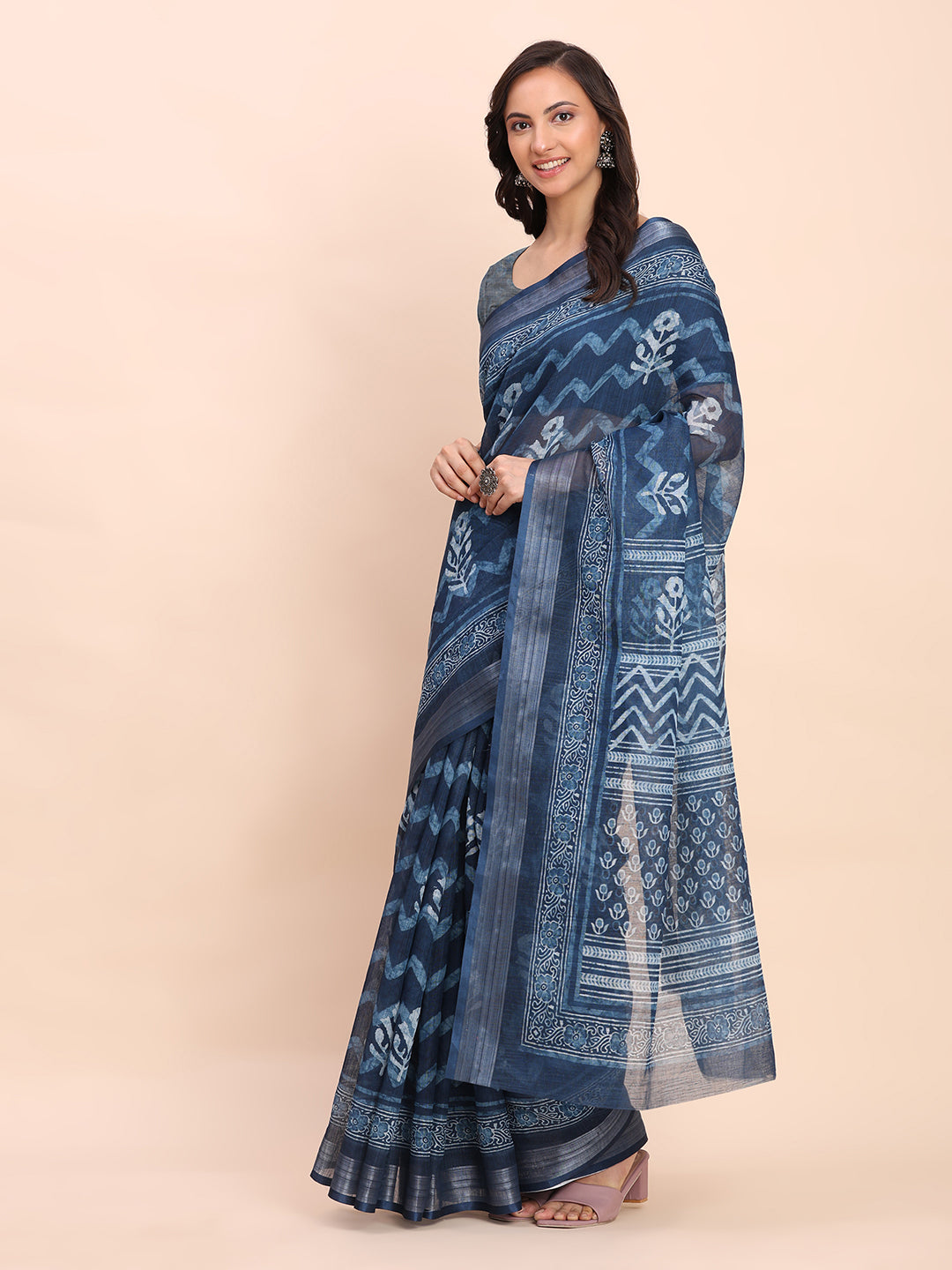 Premium Printed Cotton Linen Saree with Ethnic Designer Pallu & Border-Indigo Blue