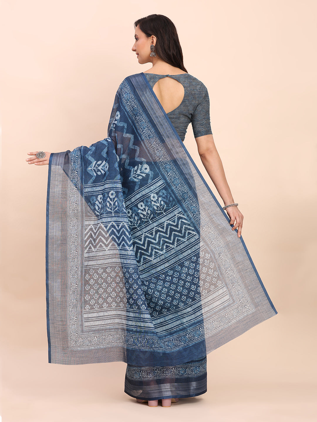 Premium Printed Cotton Linen Saree with Ethnic Designer Pallu & Border-Indigo Blue