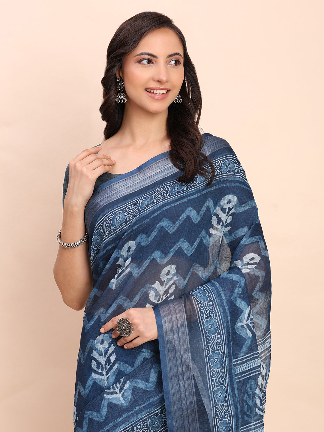 Premium Printed Cotton Linen Saree with Ethnic Designer Pallu & Border-Indigo Blue