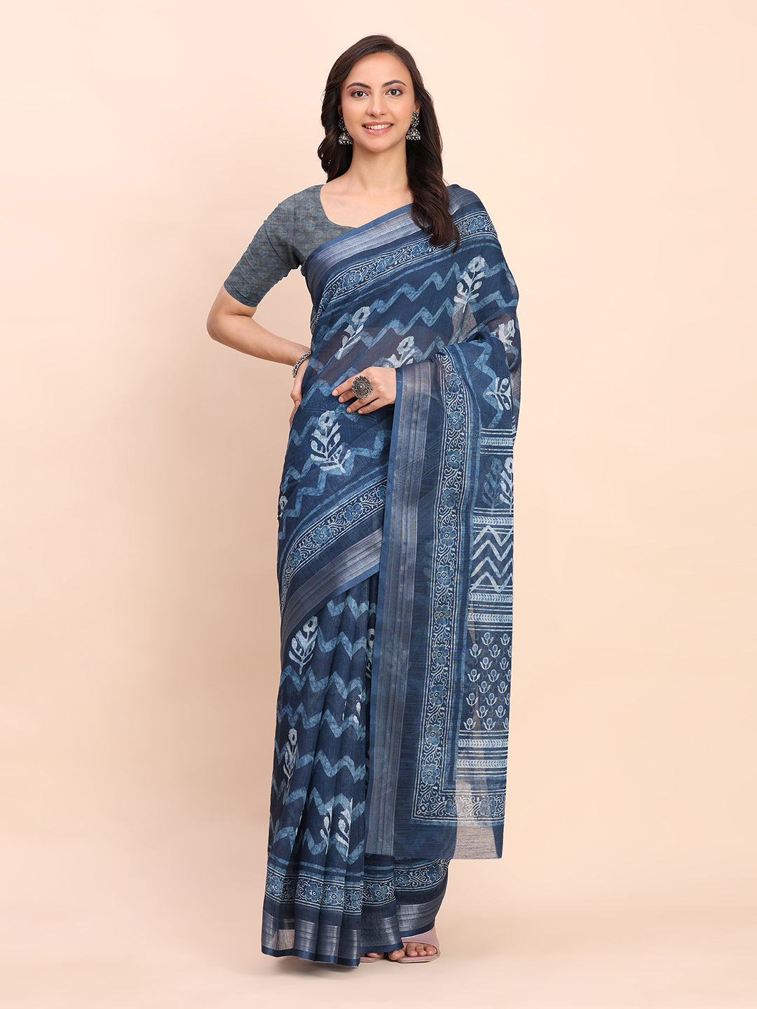 Premium Printed Cotton Linen Saree with Ethnic Designer Pallu & Border-Indigo Blue