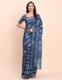 Premium Printed Cotton Linen Saree with Ethnic Designer Pallu & Border-Indigo Blue