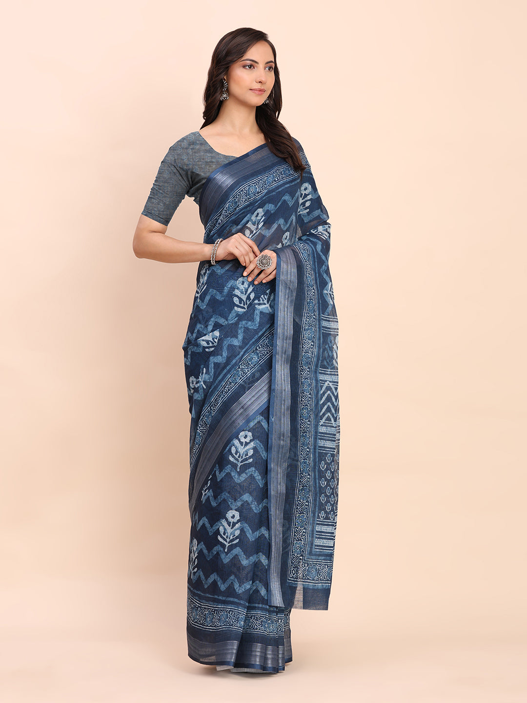 Premium Printed Cotton Linen Saree with Ethnic Designer Pallu & Border-Indigo Blue