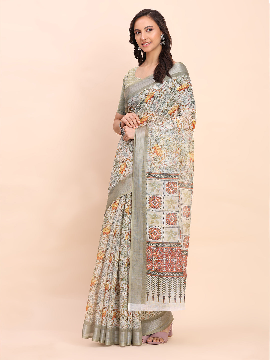 Premium Printed Cotton Linen Saree with Ethnic Designer Pallu & Border-olivegreen