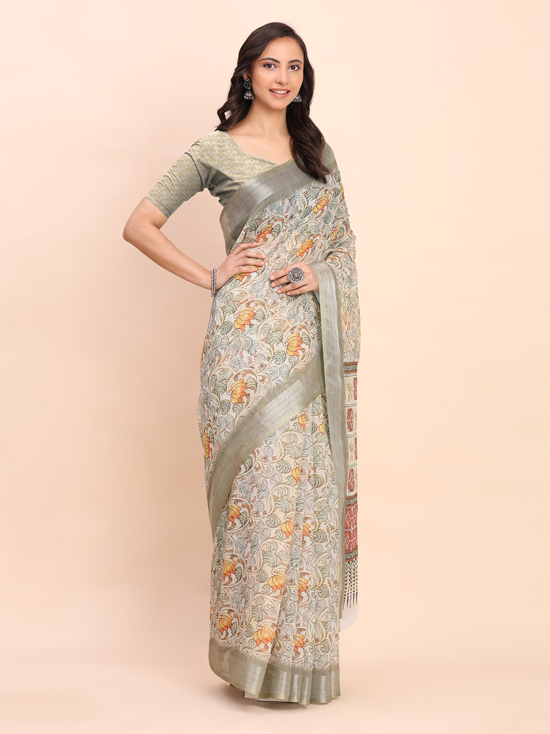 Premium Printed Cotton Linen Saree with Ethnic Designer Pallu & Border-olivegreen