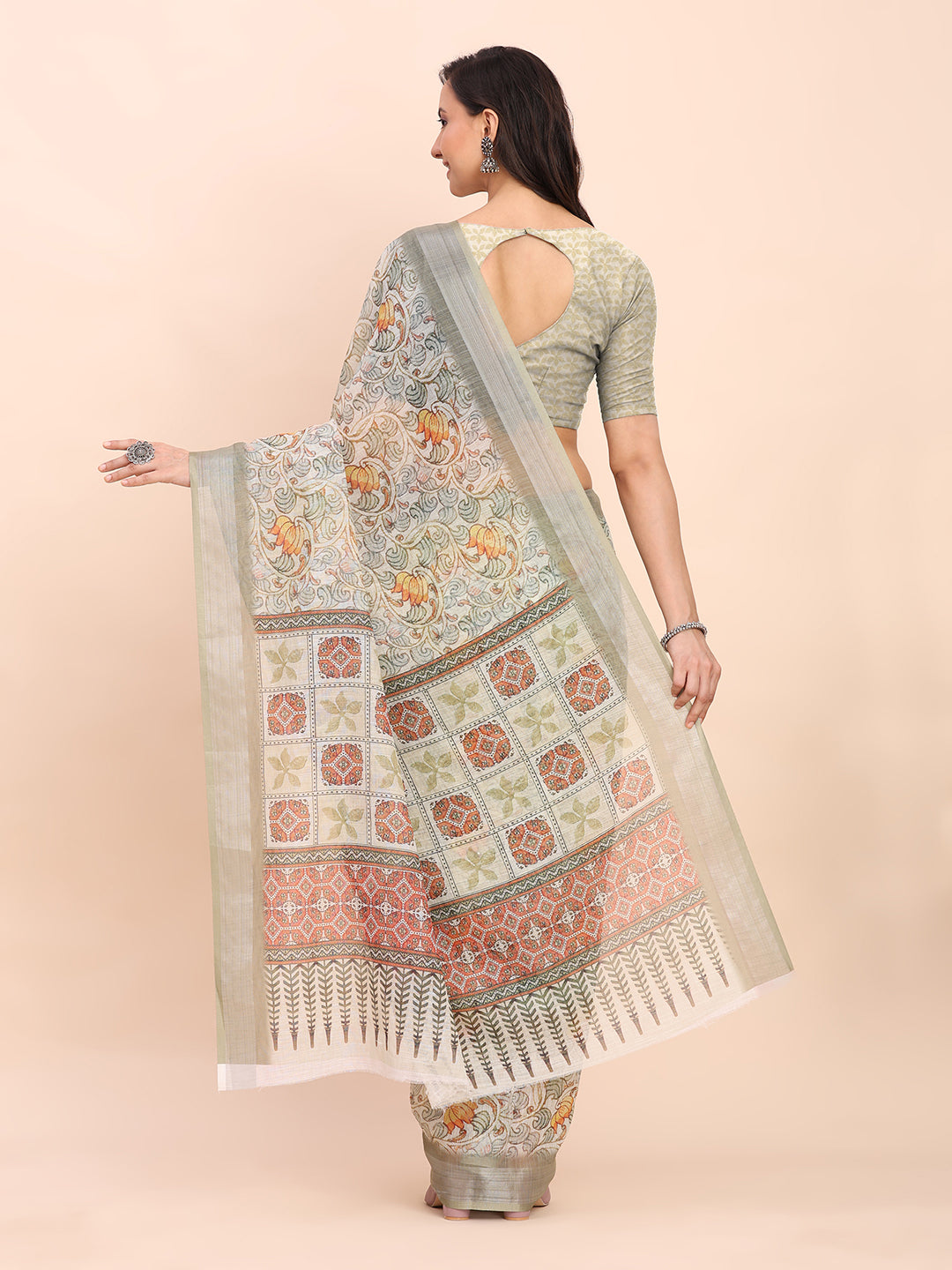 Premium Printed Cotton Linen Saree with Ethnic Designer Pallu & Border-olivegreen