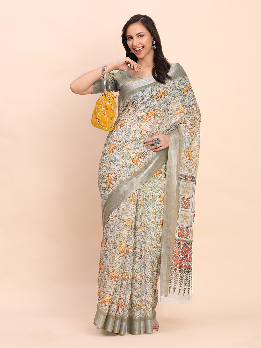 Premium Printed Cotton Linen Saree with Ethnic Designer Pallu & Border-olivegreen