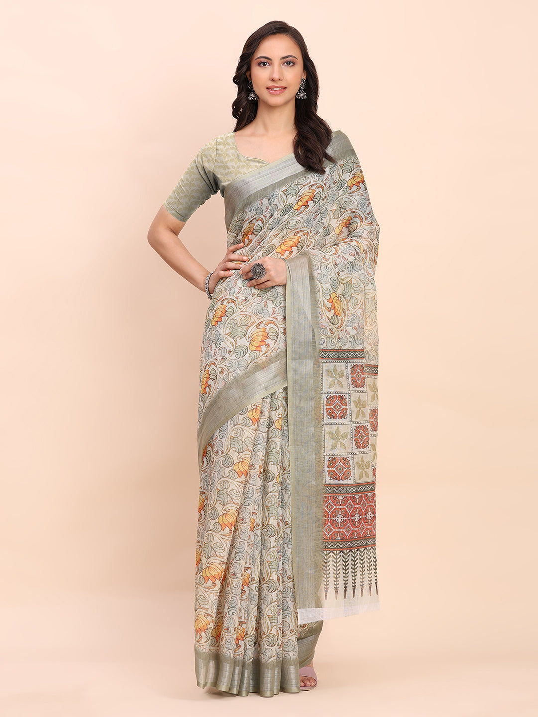 Premium Printed Cotton Linen Saree with Ethnic Designer Pallu & Border-olivegreen