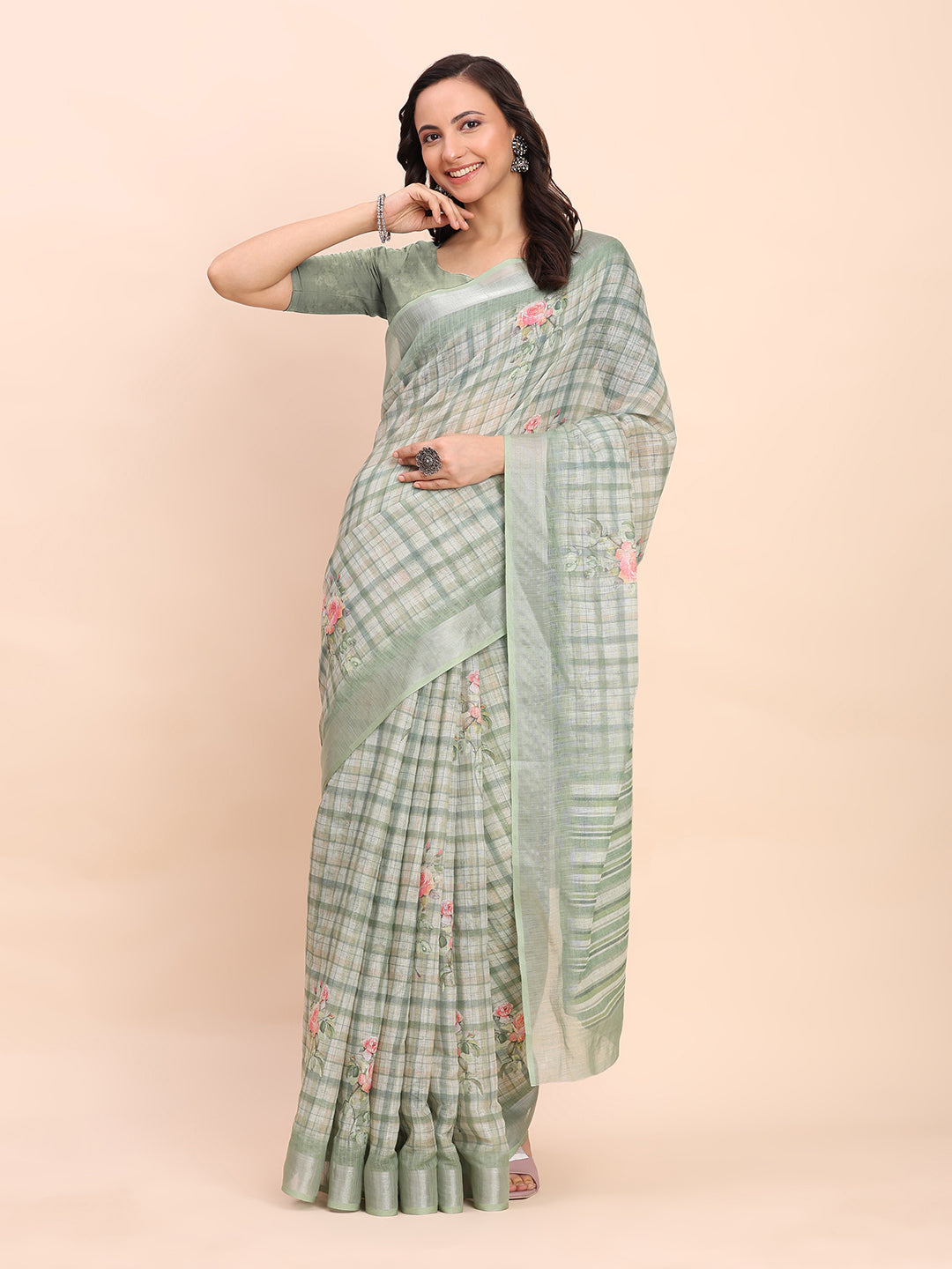 Premium Printed Cotton Linen Saree with Ethnic Designer Pallu & Border-lightgreen