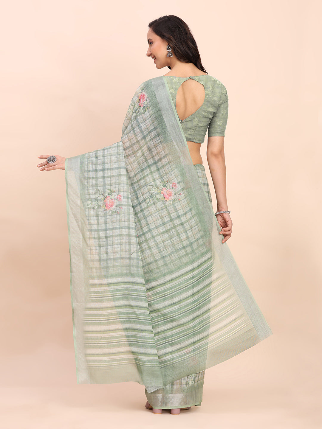 Premium Printed Cotton Linen Saree with Ethnic Designer Pallu & Border-lightgreen