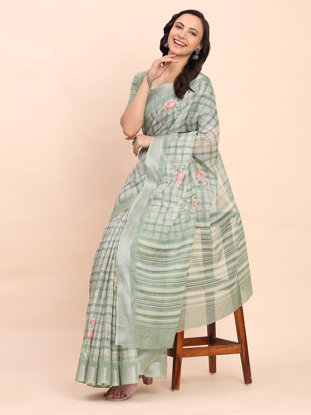 Premium Printed Cotton Linen Saree with Ethnic Designer Pallu & Border-lightgreen