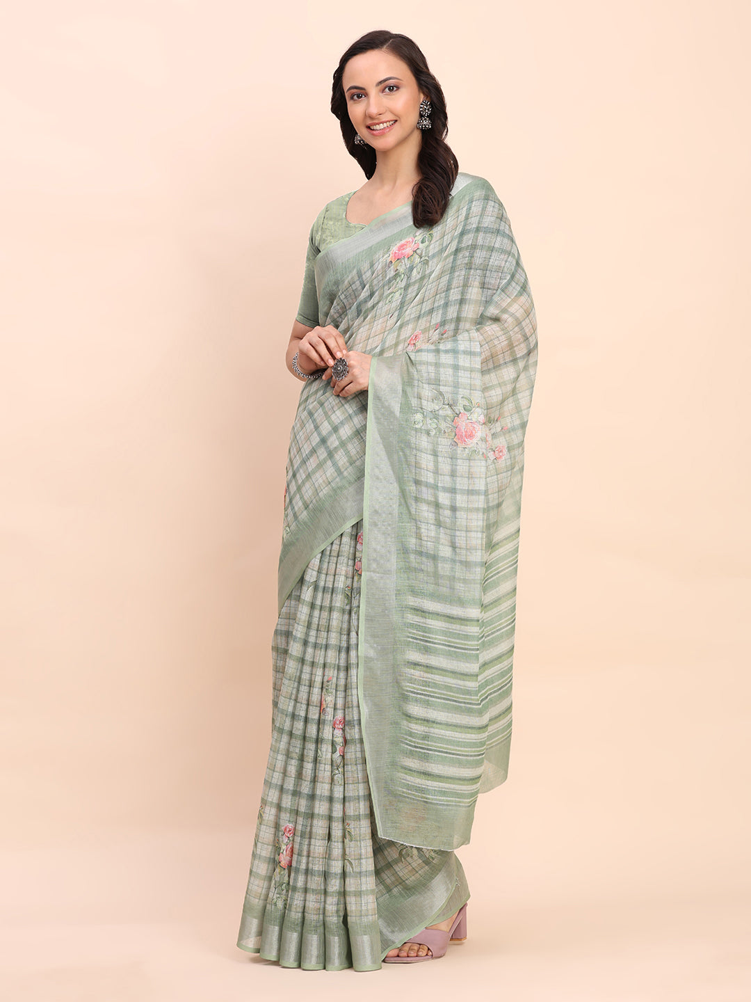 Premium Printed Cotton Linen Saree with Ethnic Designer Pallu & Border-lightgreen