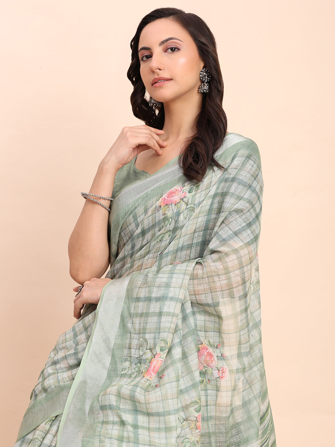 Premium Printed Cotton Linen Saree with Ethnic Designer Pallu & Border-lightgreen