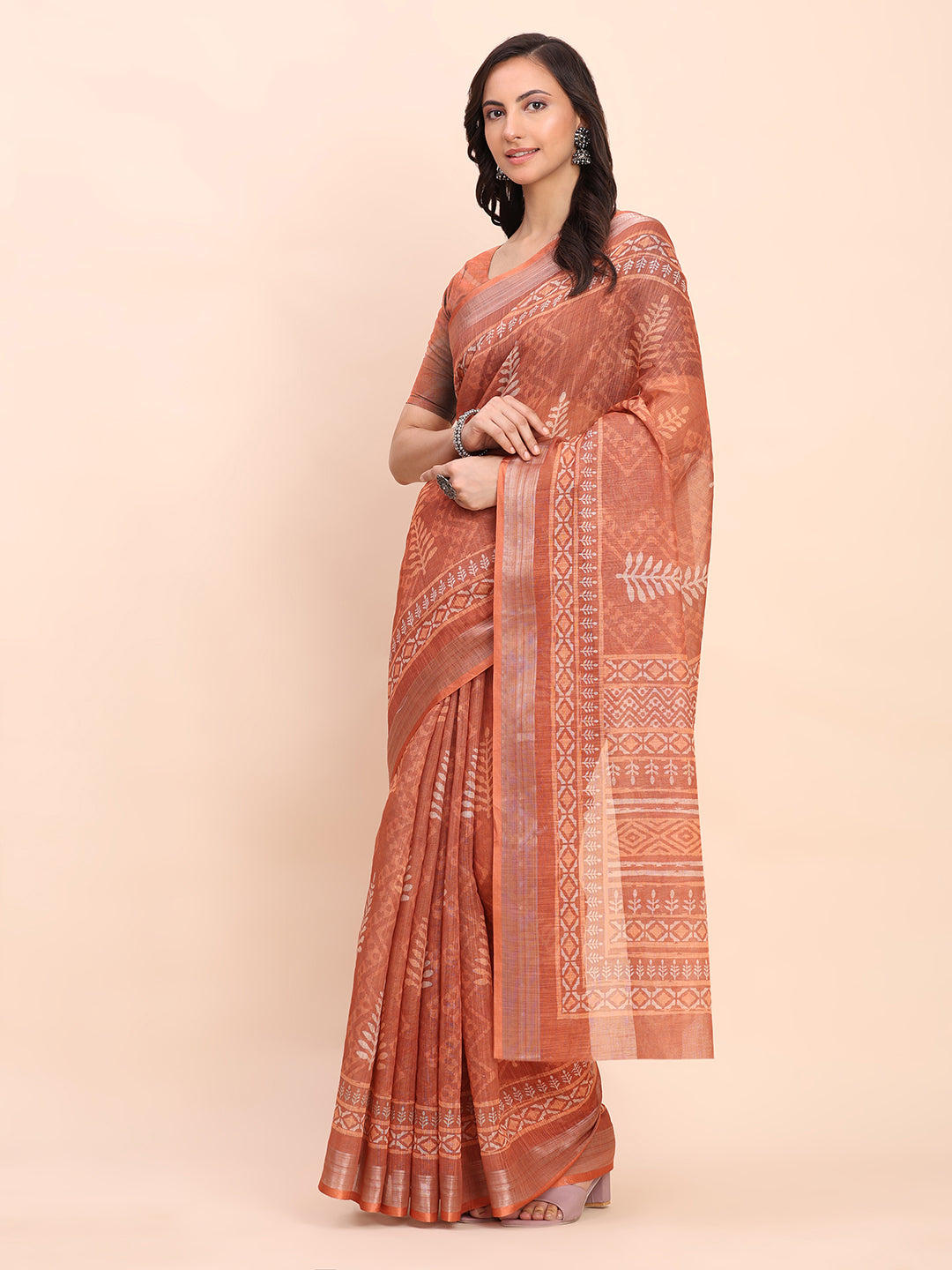 Printed Cotton Linen Saree with Ethnic Motif Design & Artistic Pallu-rust