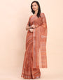 Printed Cotton Linen Saree with Ethnic Motif Design & Artistic Pallu-rust
