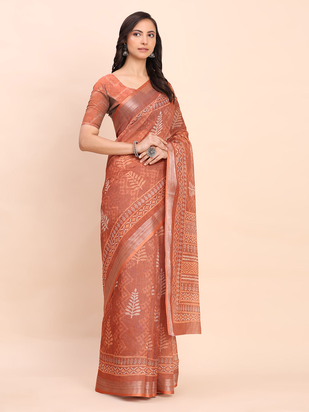 Printed Cotton Linen Saree with Ethnic Motif Design & Artistic Pallu-rust