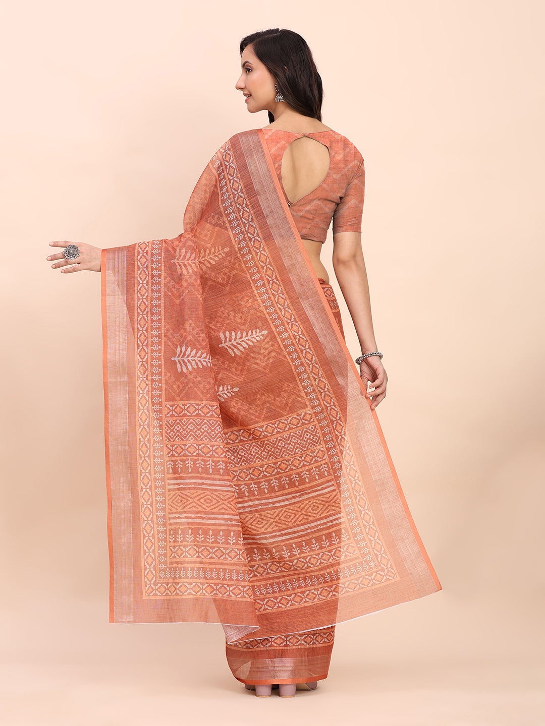 Printed Cotton Linen Saree with Ethnic Motif Design & Artistic Pallu-rust