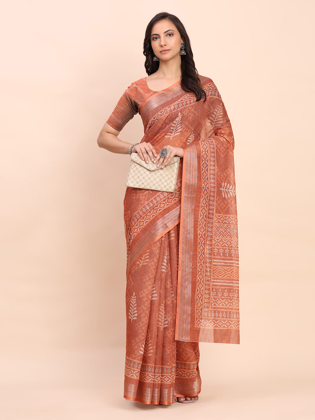 Printed Cotton Linen Saree with Ethnic Motif Design & Artistic Pallu-rust