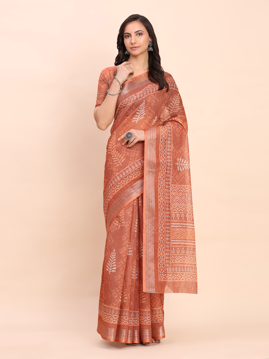 Printed Cotton Linen Saree with Ethnic Motif Design & Artistic Pallu-rust
