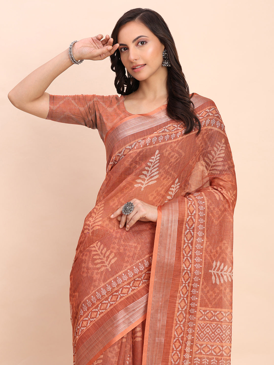 Printed Cotton Linen Saree with Ethnic Motif Design & Artistic Pallu-rust