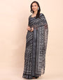 Printed Cotton Linen Saree with Ethnic Motif Design & Artistic Pallu-black