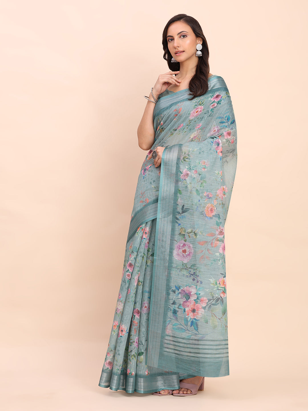 Printed Cotton Linen Saree with Ethnic Motif Design & Artistic Pallu-seagreen