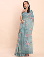Printed Cotton Linen Saree with Ethnic Motif Design & Artistic Pallu-seagreen