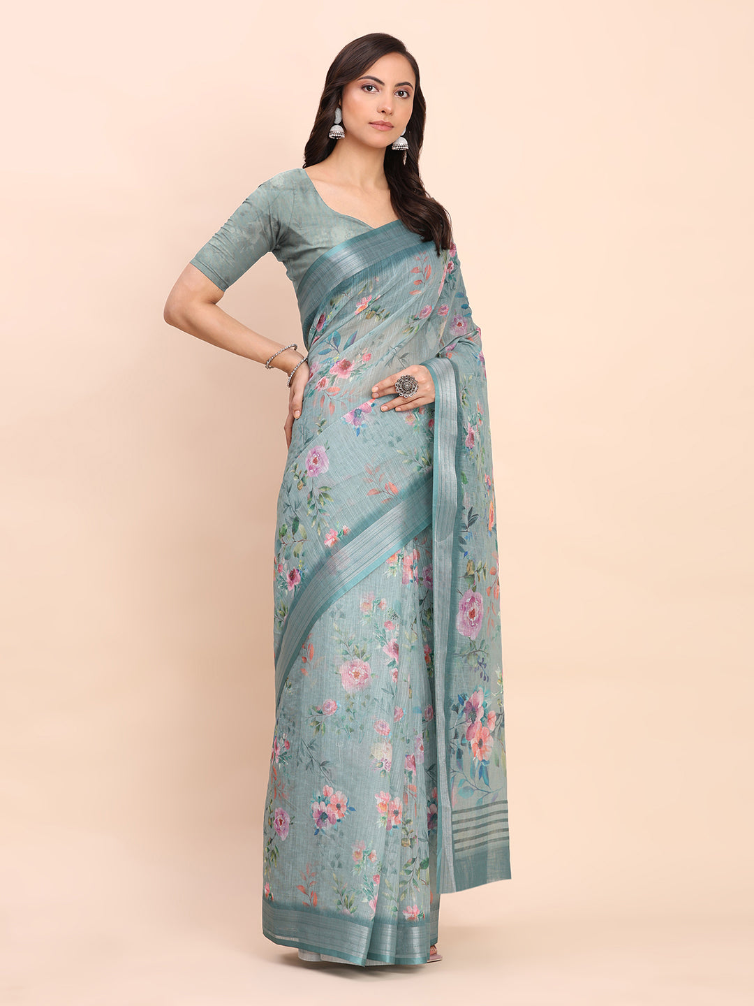 Printed Cotton Linen Saree with Ethnic Motif Design & Artistic Pallu-seagreen