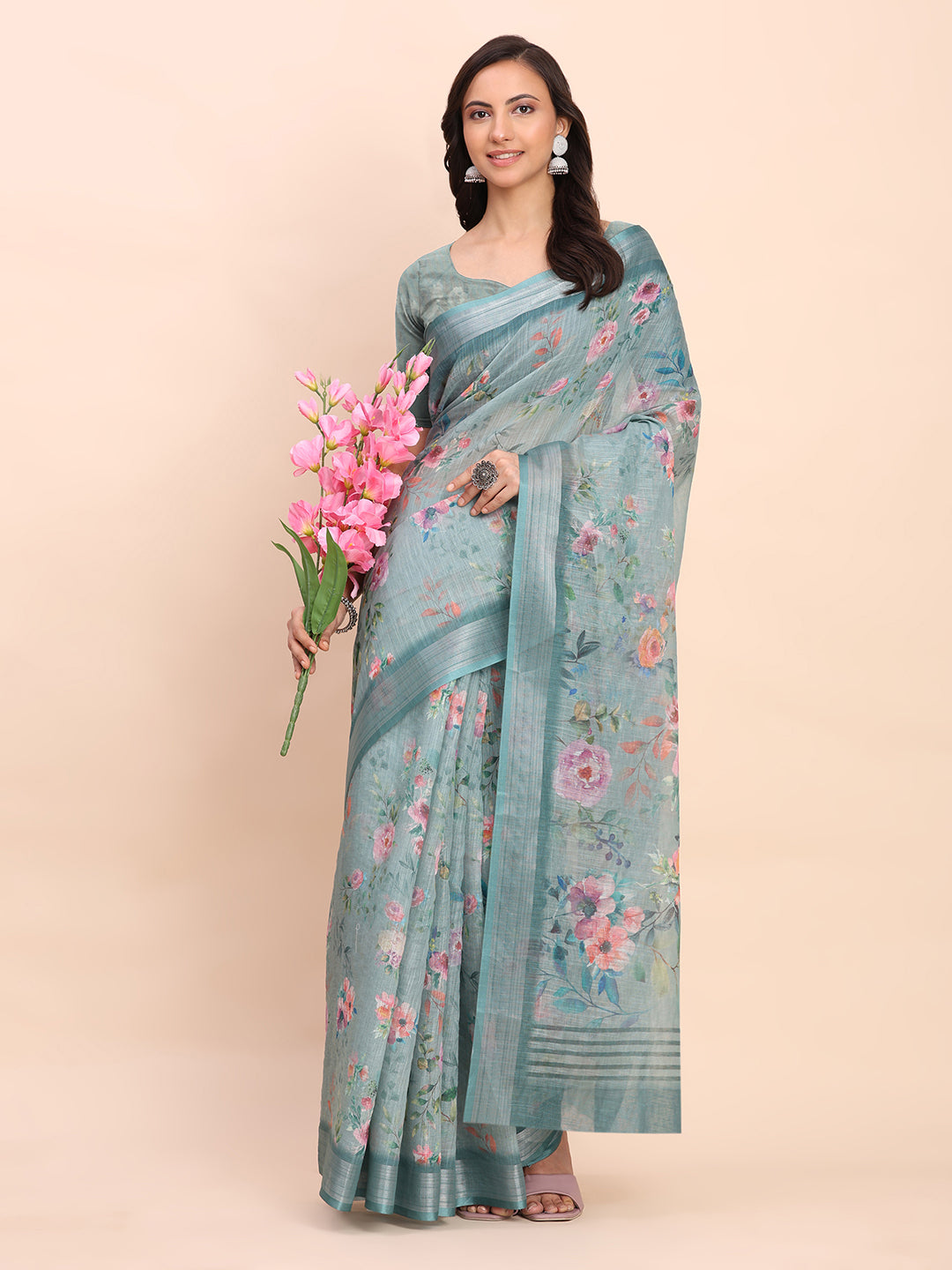 Printed Cotton Linen Saree with Ethnic Motif Design & Artistic Pallu-seagreen