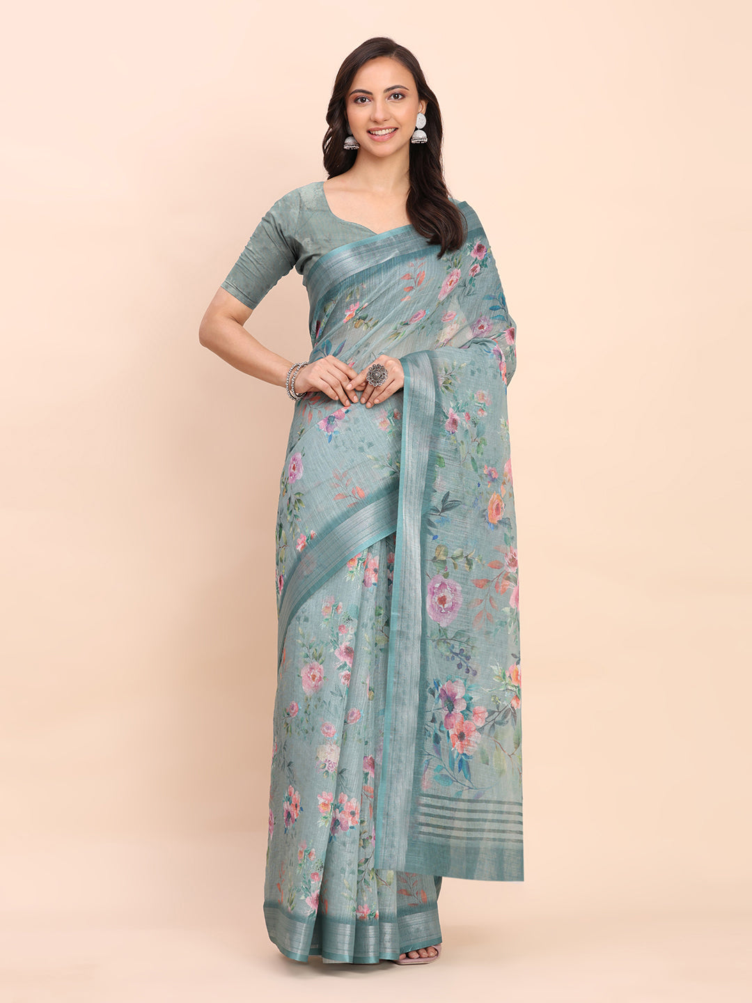 Printed Cotton Linen Saree with Ethnic Motif Design & Artistic Pallu-seagreen