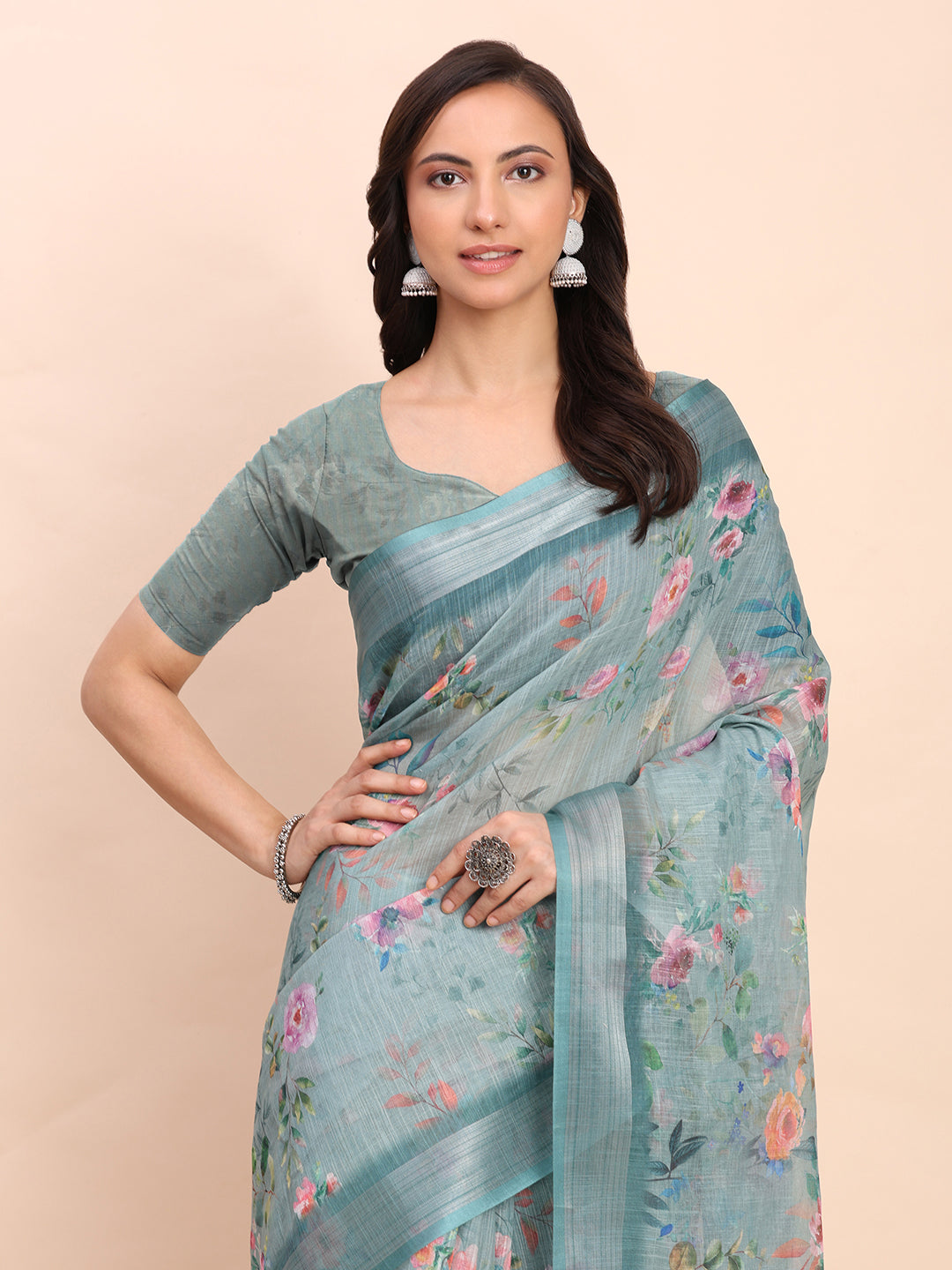 Printed Cotton Linen Saree with Ethnic Motif Design & Artistic Pallu-seagreen