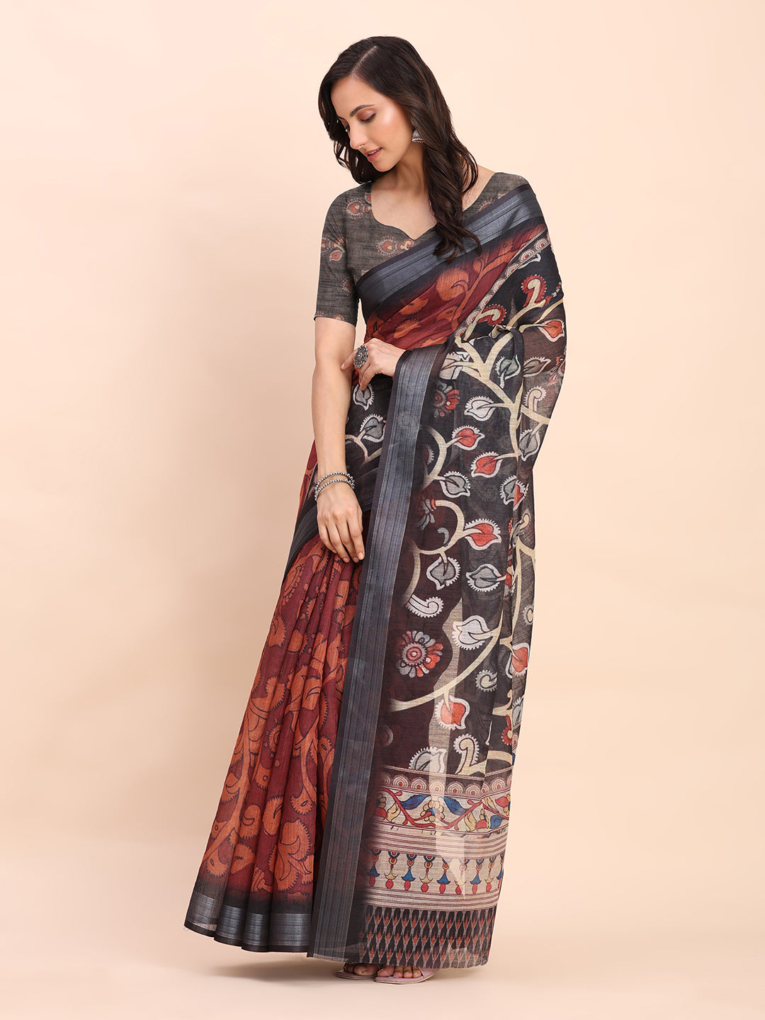 Printed Cotton Linen Saree with Ethnic Motif Design & Artistic Pallu-maroon
