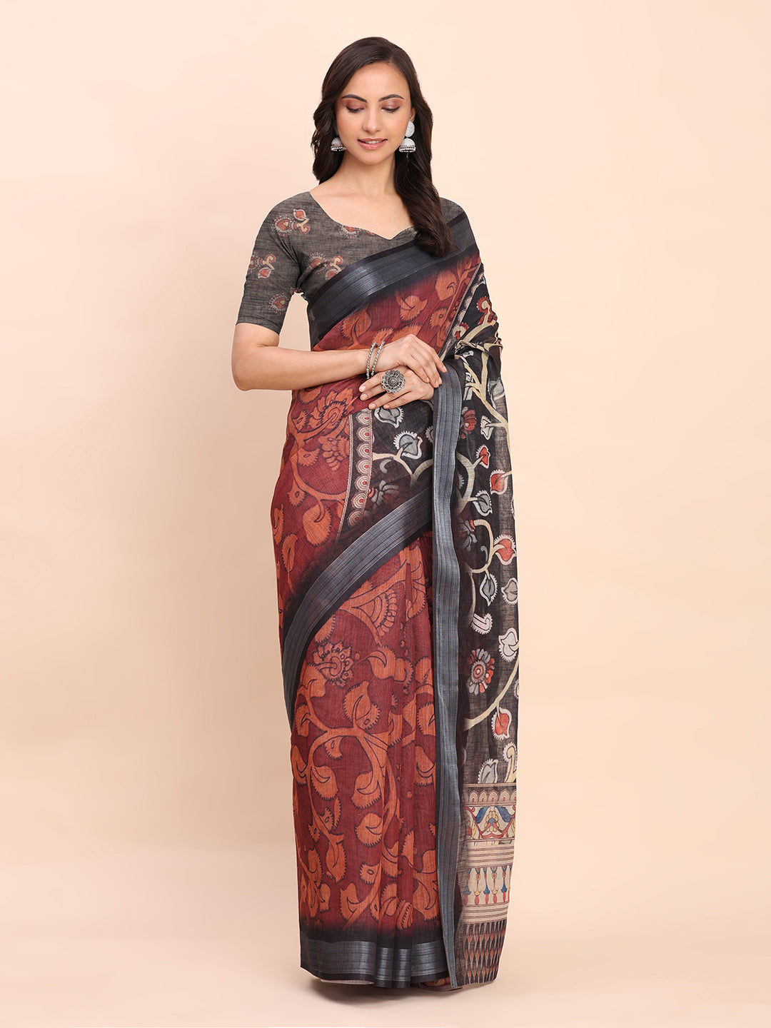 Printed Cotton Linen Saree with Ethnic Motif Design & Artistic Pallu-maroon