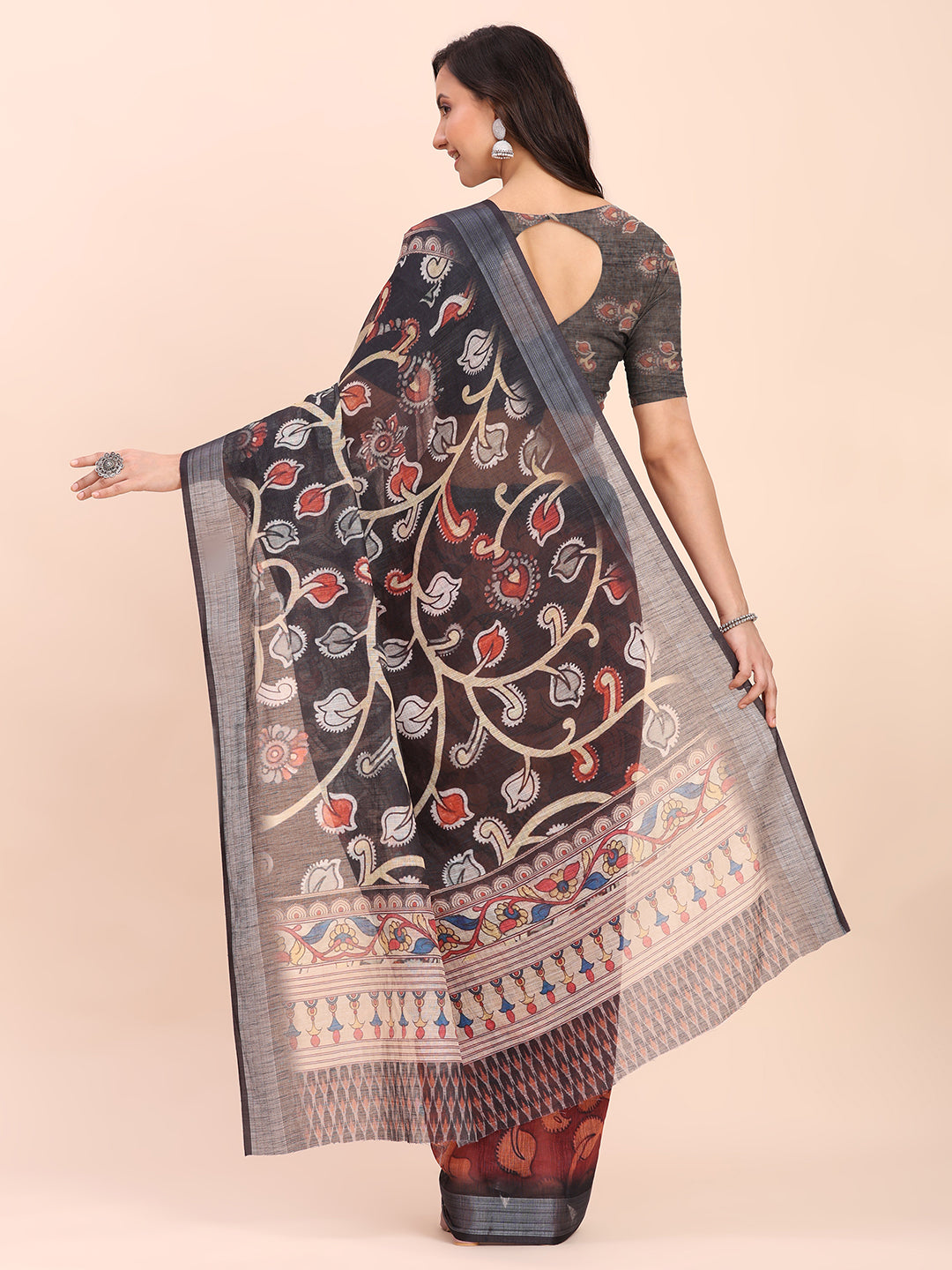 Printed Cotton Linen Saree with Ethnic Motif Design & Artistic Pallu-maroon