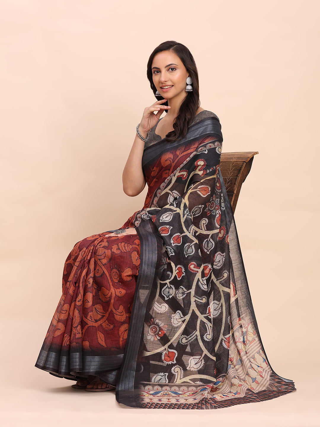Printed Cotton Linen Saree with Ethnic Motif Design & Artistic Pallu-maroon