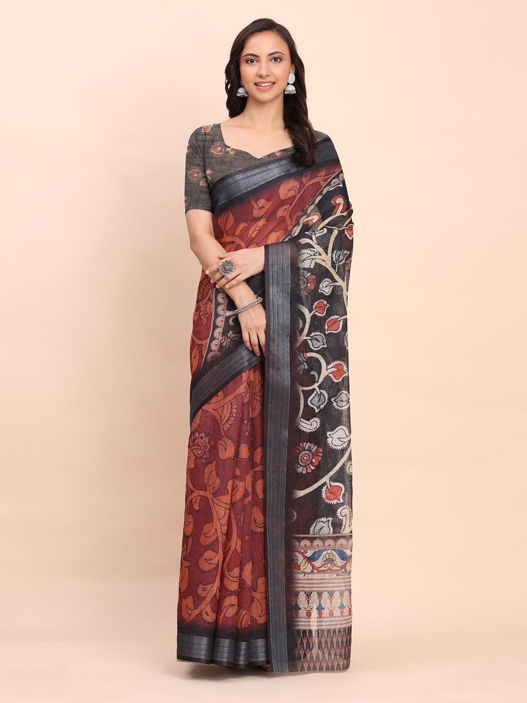 Printed Cotton Linen Saree with Ethnic Motif Design & Artistic Pallu-maroon