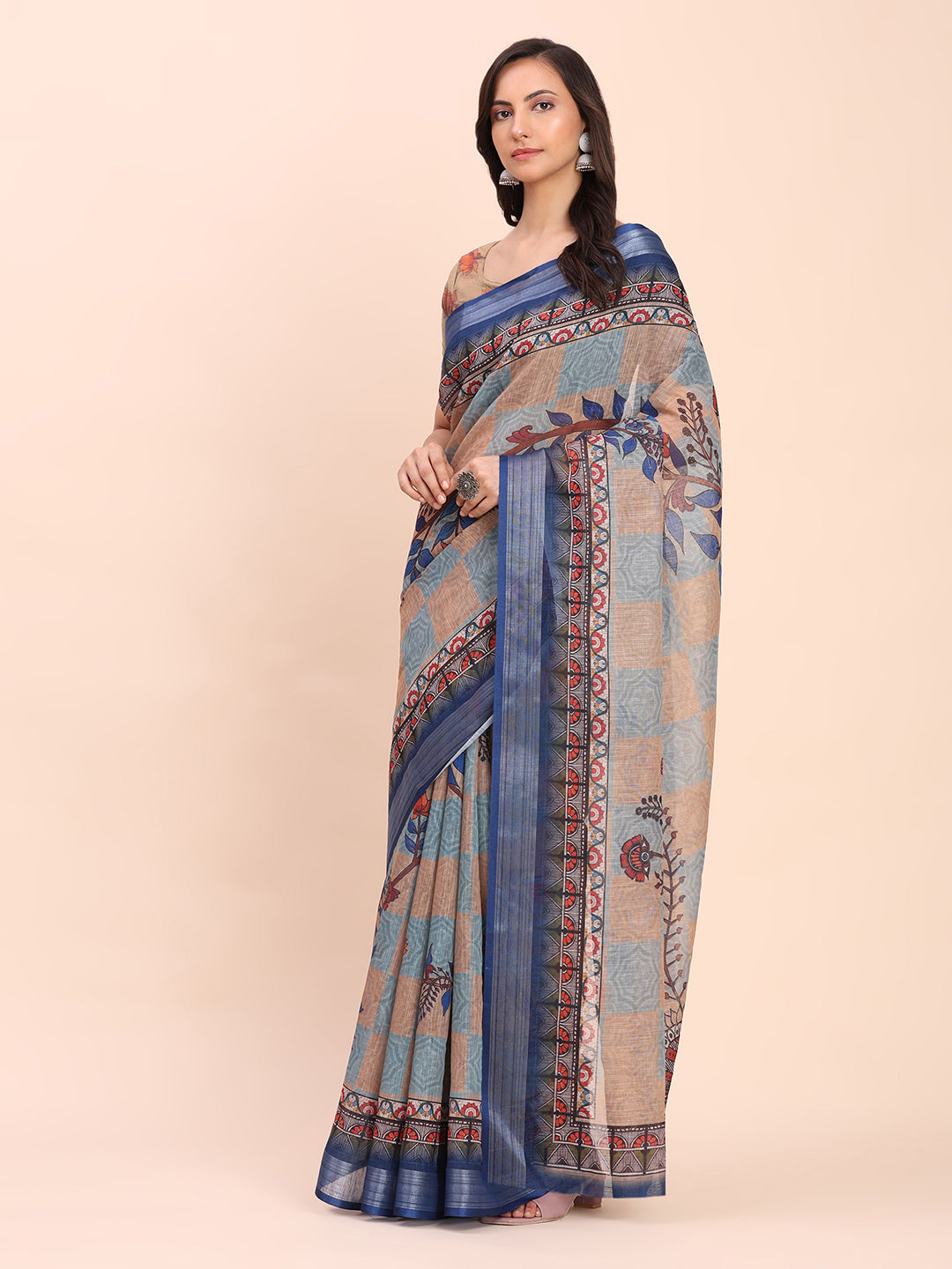 Printed Cotton Linen Saree with Ethnic Motif Design & Artistic Pallu-cream