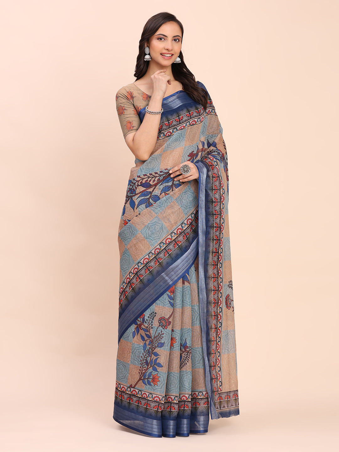 Printed Cotton Linen Saree with Ethnic Motif Design & Artistic Pallu-cream
