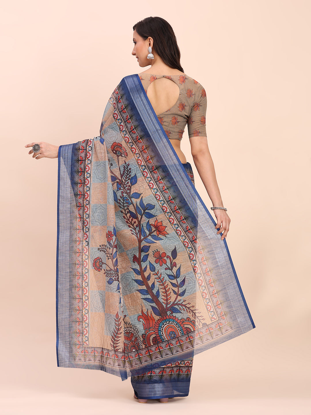 Printed Cotton Linen Saree with Ethnic Motif Design & Artistic Pallu-cream