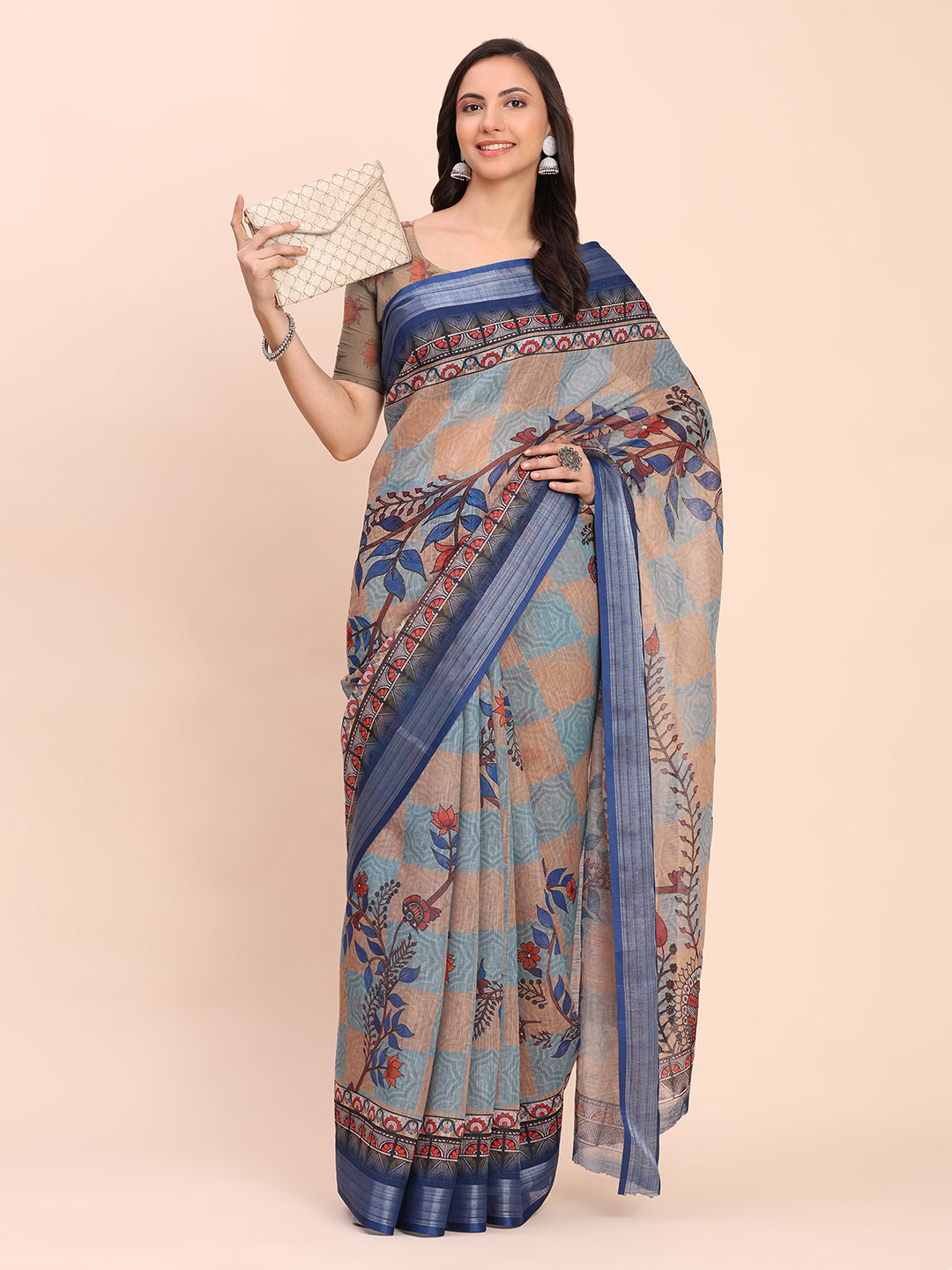 Printed Cotton Linen Saree with Ethnic Motif Design & Artistic Pallu-cream