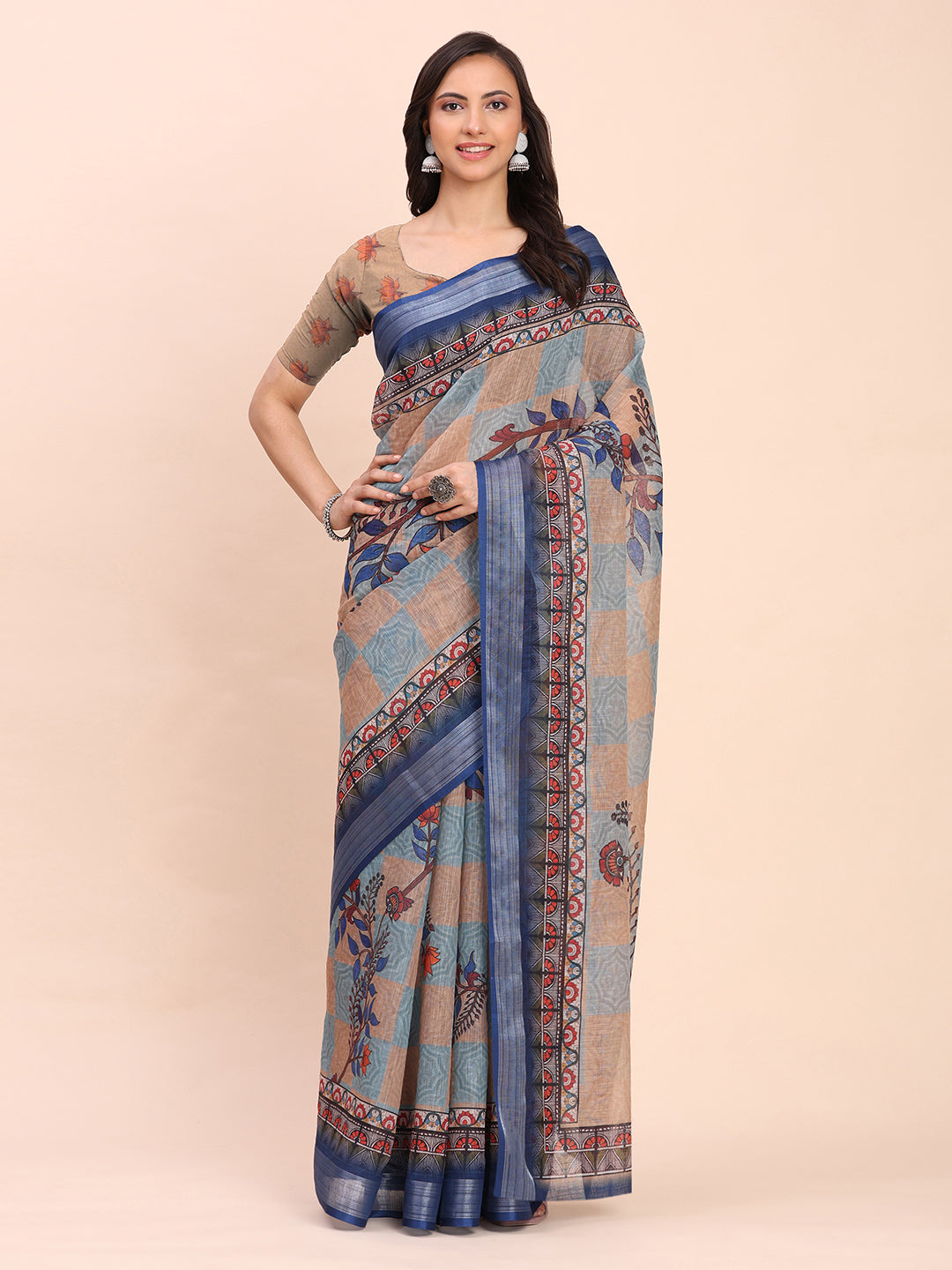 Printed Cotton Linen Saree with Ethnic Motif Design & Artistic Pallu-cream