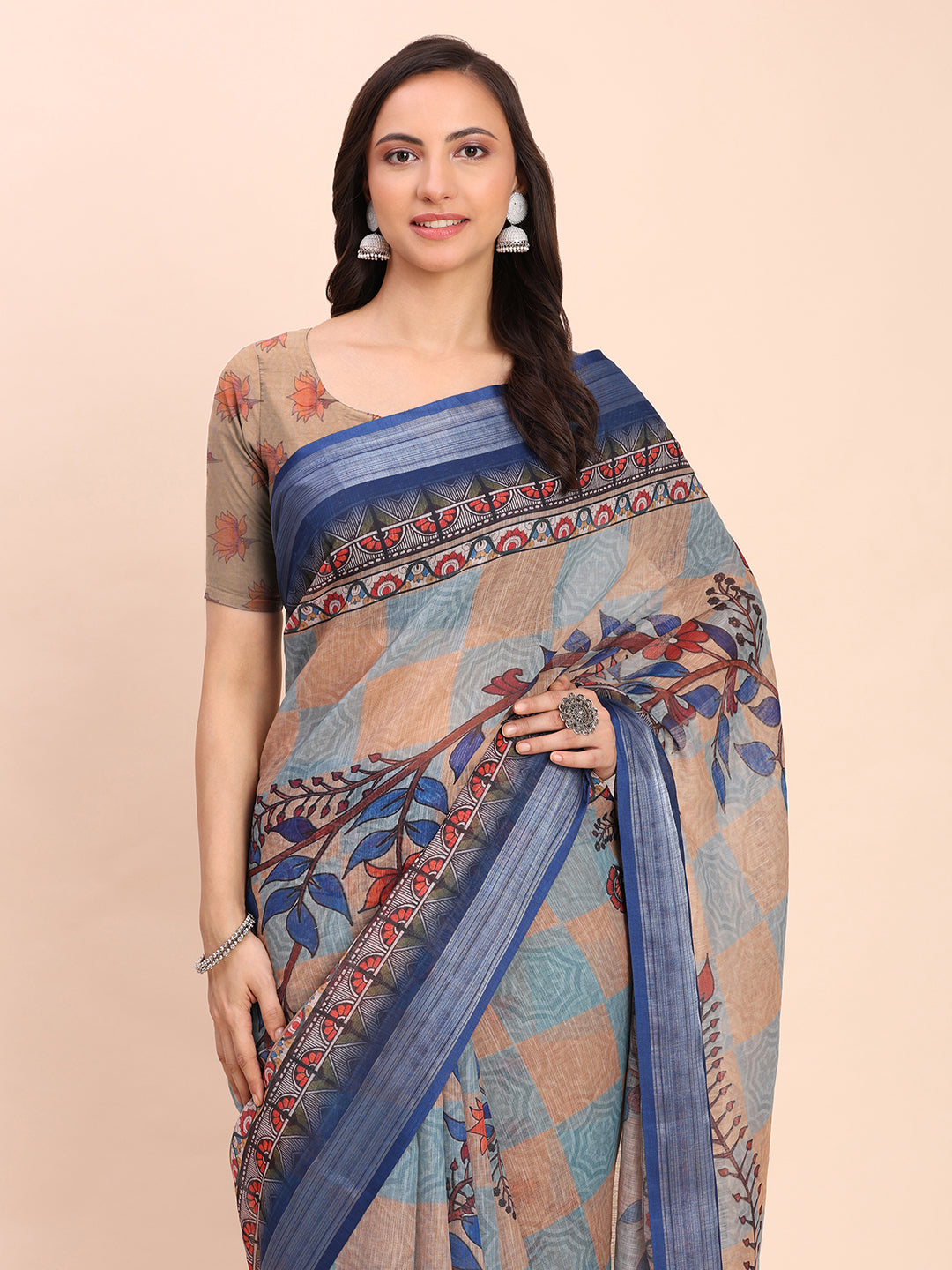 Printed Cotton Linen Saree with Ethnic Motif Design & Artistic Pallu-cream