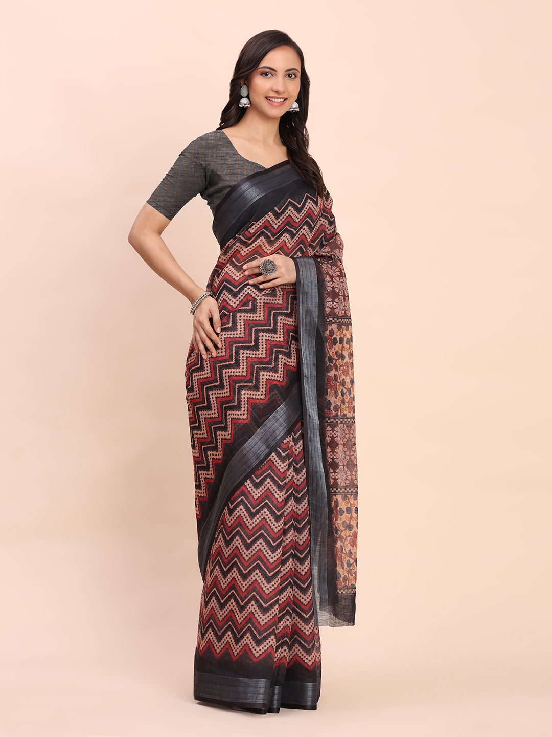 Printed Cotton Linen Saree with Ethnic Motif Design & Artistic Pallu-black1