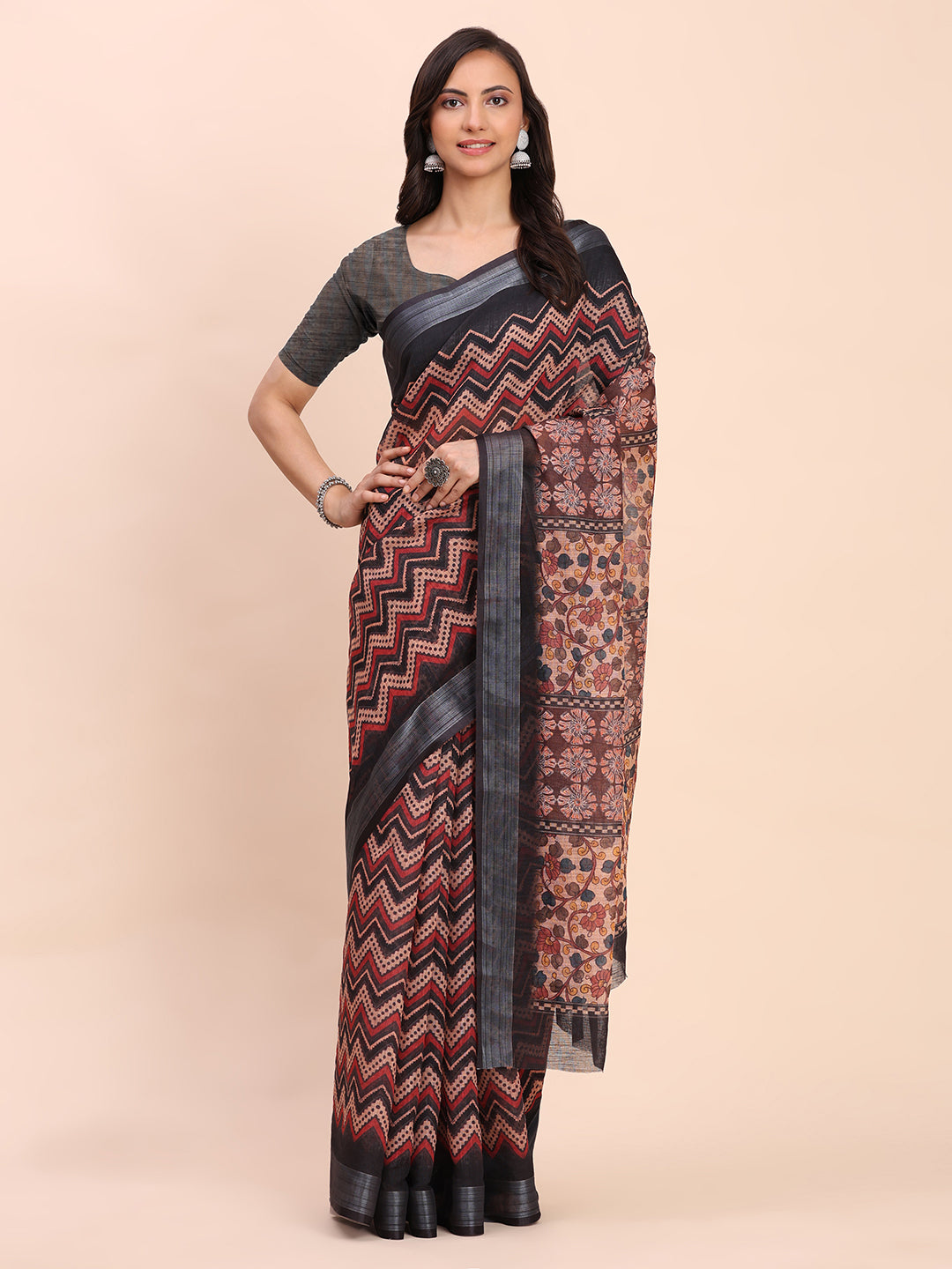Printed Cotton Linen Saree with Ethnic Motif Design & Artistic Pallu-black1